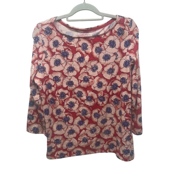 Talbots Long Sleeve Floral Print Tee L Red Pink & Blue Cotton Blend - Picture 1 of 7